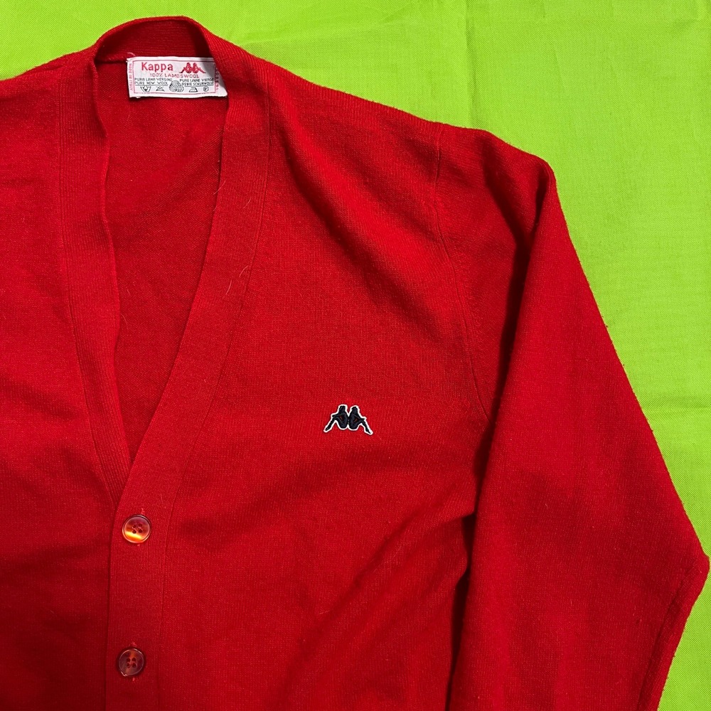 70s Kappa Vintage Red 100% Lambswool Cardigan Sweater Made in Italy Medium